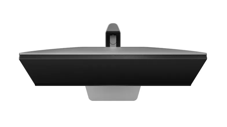 Top-down view of the monitor showing the slim chassis, flat display panel, and central stand mount Top-down view of the monitor showing the slim chassis, flat display panel, and central stand mount