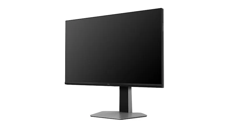 Rear three-quarter view of the TCL G64 monitor displaying the back panel design, slim housing, and sturdy stand Rear three-quarter view of the TCL G64 monitor displaying the back panel design, slim housing, and sturdy stand
