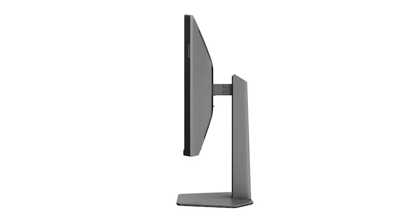 Side profile view of the monitor showing the thin display panel, stand arm, and compact base Side profile view of the monitor showing the thin display panel, stand arm, and compact base