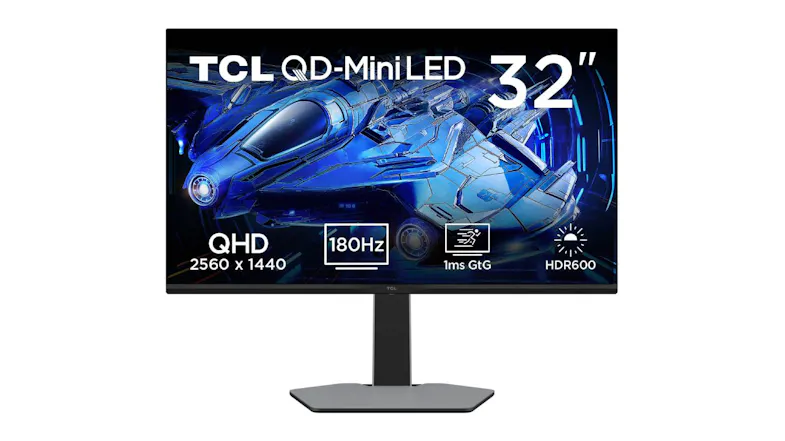 Front product view of the TCL G64 32-inch monitor with a blue sci-fi image on screen Front product view of the TCL G64 32-inch monitor with a blue sci-fi image on screen