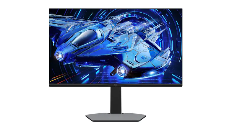 Straight-on front view of the TCL G64 32-inch monitor showcasing a vibrant blue futuristic graphic Straight-on front view of the TCL G64 32-inch monitor showcasing a vibrant blue futuristic graphic