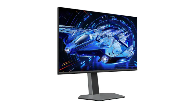 Front-left angled view of the monitor displaying a bright blue sci-fi image, emphasising the large screen Front-left angled view of the monitor displaying a bright blue sci-fi image, emphasising the large screen
