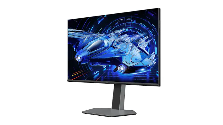 Front-right angled view of the 32-inch monitor with a vivid futuristic display, highlighting the sleek profile Front-right angled view of the 32-inch monitor with a vivid futuristic display, highlighting the sleek profile