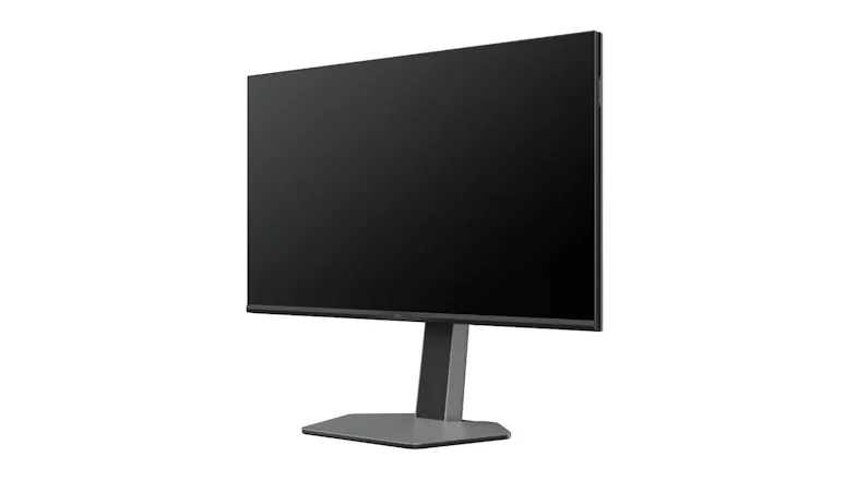 Three-quarter front view of the monitor with the screen turned off, showcasing the large display Three-quarter front view of the monitor with the screen turned off, showcasing the large display