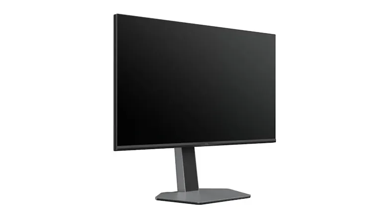 Angled front view of the monitor with the display powered off, highlighting the slim frame and stand Angled front view of the monitor with the display powered off, highlighting the slim frame and stand