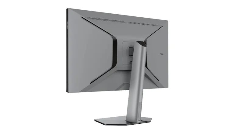 Rear angled view of the monitor showing the geometric back-panel design and central stand support Rear angled view of the monitor showing the geometric back-panel design and central stand support