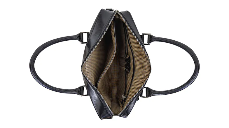 Top view of the bag with an open main compartment and checkered lining Top view of the bag with an open main compartment and checkered lining