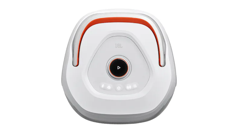 A top view of the speaker, showcasing its controls and handle A top view of the speaker, showcasing its controls and handle