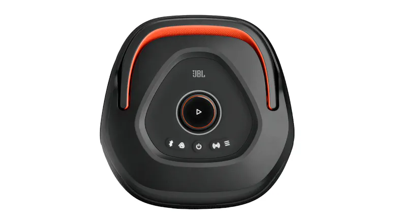 A top view of the speaker, showcasing its controls and handle A top view of the speaker, showcasing its controls and handle