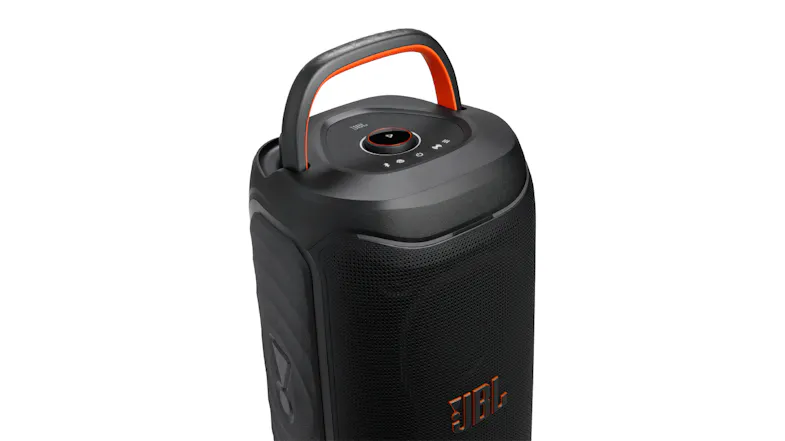An angled view of the speaker with its handle propped up An angled view of the speaker with its handle propped up
