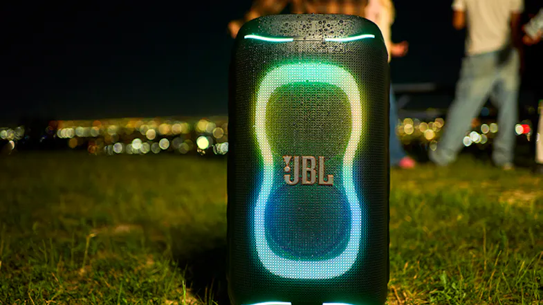 A view of the speaker with its lights on A view of the speaker with its lights on