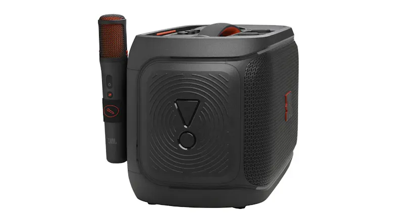 Angled rear view of the JBL PartyBox On-The-Go 2 Plus speaker with one wireless microphone beside Angled rear view of the JBL PartyBox On-The-Go 2 Plus speaker with one wireless microphone beside