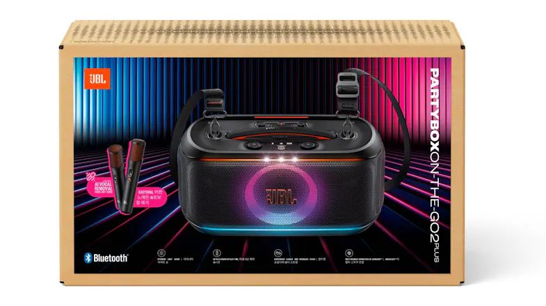 Retail packaging for the JBL PartyBox On-The-Go 2 Plus speaker Retail packaging for the JBL PartyBox On-The-Go 2 Plus speaker