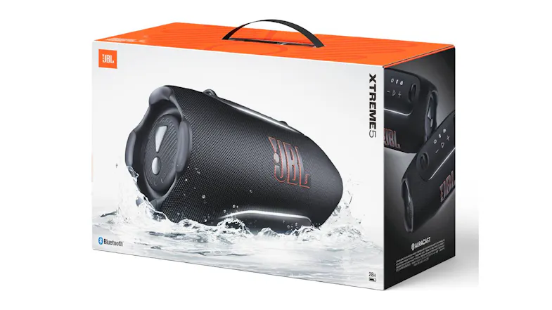 Retail packaging of the portable Bluetooth speaker, featuring product imagery and JBL branding Retail packaging of the portable Bluetooth speaker, featuring product imagery and JBL branding