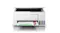 White Epson EcoTank printer scanning and printing a colourful document, with visible ink tanks White Epson EcoTank printer scanning and printing a colourful document, with visible ink tanks
