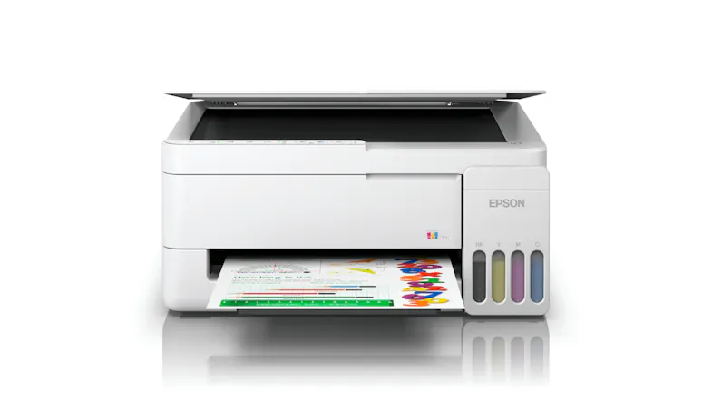 White Epson EcoTank printer scanning and printing a colourful document, with visible ink tanks White Epson EcoTank printer scanning and printing a colourful document, with visible ink tanks