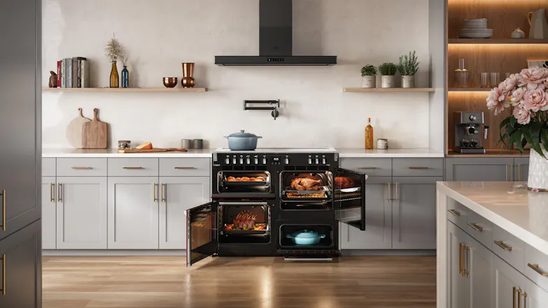 A view of the unit with all of its oven doors opened A view of the unit with all of its oven doors opened