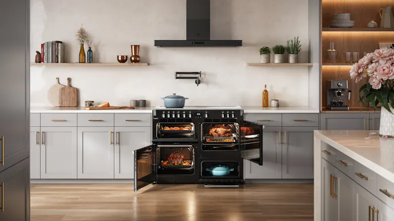 A view of the unit with all of its oven doors opened A view of the unit with all of its oven doors opened