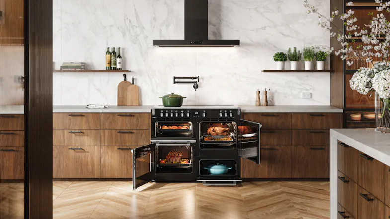 A front view of the Belling Freestanding Oven with Cooktop integrated in a modern home and has all of its doors opened A front view of the Belling Freestanding Oven with Cooktop integrated in a modern home and has all of its doors opened