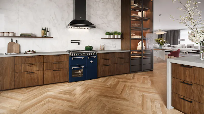 A modern kitchen with a Belling range oven and wood cabinetry A modern kitchen with a Belling range oven and wood cabinetry