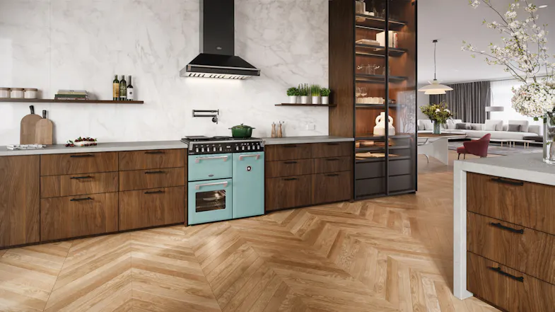 A modern kitchen with a Belling range oven and wood cabinetry A modern kitchen with a Belling range oven and wood cabinetry