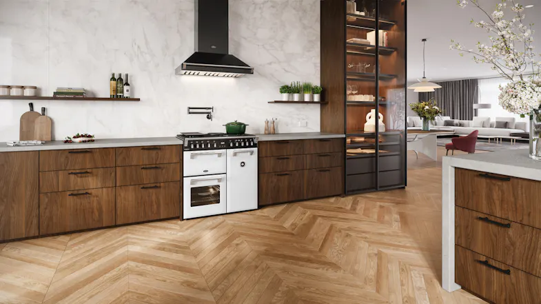 A modern kitchen with a Belling range oven and wood cabinetry A modern kitchen with a Belling range oven and wood cabinetry