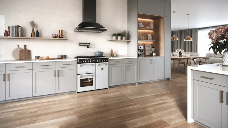 A white kitchen with a Belling oven and matching rangehood A white kitchen with a Belling oven and matching rangehood