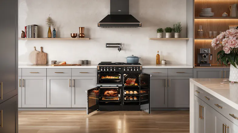 Front view of an open oven showing food roasting inside Front view of an open oven showing food roasting inside