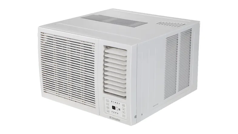 Angled view of a Dimplex reverse-cycle window air conditioner with a front grille, side vents, and digital control panel Angled view of a Dimplex reverse-cycle window air conditioner with a front grille, side vents, and digital control panel