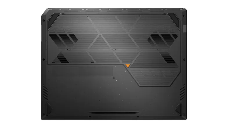 Bottom panel of the black TUF F16 showcasing geometric intake grilles and rubber feet Bottom panel of the black TUF F16 showcasing geometric intake grilles and rubber feet