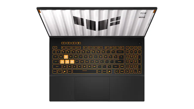 Direct overhead view of the Asus TUF F16 16" Gaming Laptop open keyboard deck Direct overhead view of the Asus TUF F16 16" Gaming Laptop open keyboard deck
