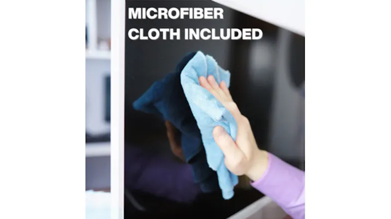 Hand cleaning a monitor screen with a blue microfibre cloth; text reads “microfibre CLOTH INCLUDED” Hand cleaning a monitor screen with a blue microfibre cloth; text reads “microfibre CLOTH INCLUDED”