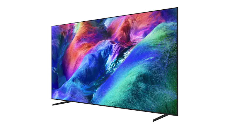 Three-quarter right view of the TV showcasing a colourful display Three-quarter right view of the TV showcasing a colourful display