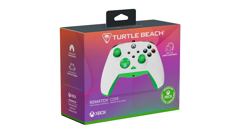 Turtle Beach Rematch Core Xbox controller retail packaging featuring a white controller with bright green accents Turtle Beach Rematch Core Xbox controller retail packaging featuring a white controller with bright green accents