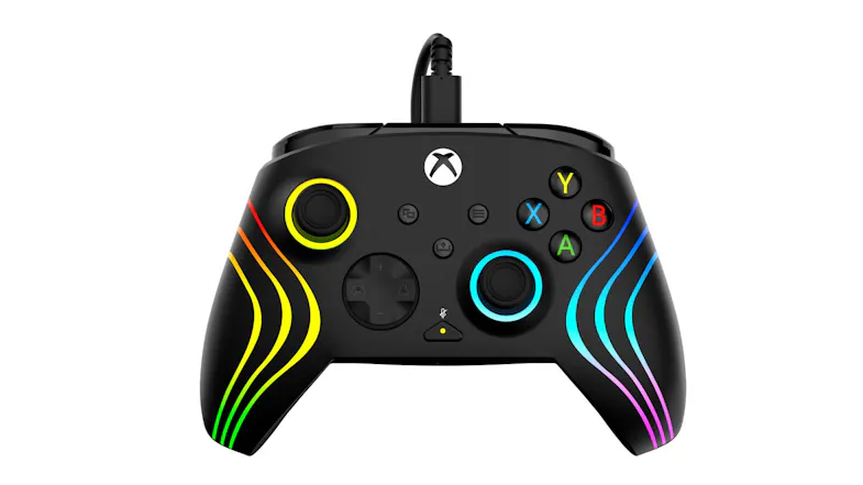 Black Turtle Beach Afterglow Wave wired Xbox controller featuring vibrant, colourful RGB LED light strips on the grips Black Turtle Beach Afterglow Wave wired Xbox controller featuring vibrant, colourful RGB LED light strips on the grips