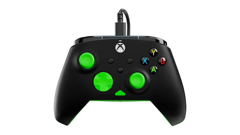 A black wired Xbox controller featuring vibrant green thumbsticks, D-pad, and accents A black wired Xbox controller featuring vibrant green thumbsticks, D-pad, and accents