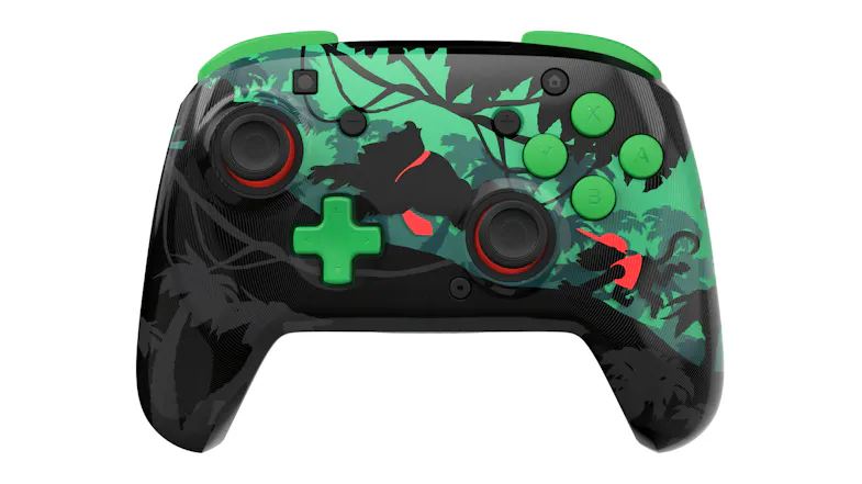 Donkey Kong-themed Nintendo Switch wireless controller featuring green buttons, red joysticks, and a jungle silhouette Donkey Kong-themed Nintendo Switch wireless controller featuring green buttons, red joysticks, and a jungle silhouette