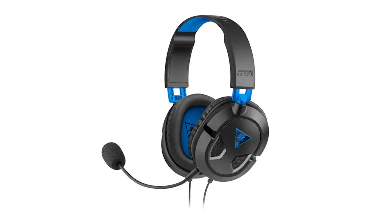 Turtle Beach Recon 50P gaming headset with adjustable boom microphone and blue cushioned ear cups Turtle Beach Recon 50P gaming headset with adjustable boom microphone and blue cushioned ear cups