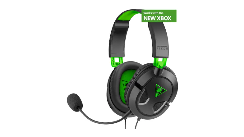 Black and green Turtle Beach Recon 50X gaming headset with boom microphone and "Works with the New Xbox" label Black and green Turtle Beach Recon 50X gaming headset with boom microphone and "Works with the New Xbox" label