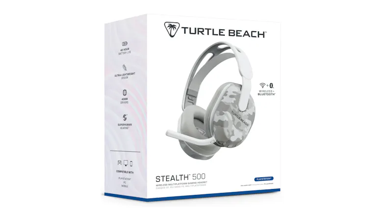 Turtle Beach Stealth 500 gaming headset retail box featuring a white camouflage wireless headset and key product features Turtle Beach Stealth 500 gaming headset retail box featuring a white camouflage wireless headset and key product features