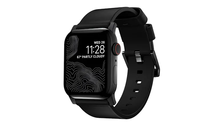 A left angled view of the Nomad Modern Band for Apple Watches in black finish A left angled view of the Nomad Modern Band for Apple Watches in black finish