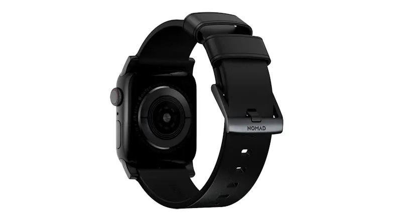 A rear view of a smartwatch showing back optical sensor, leather band, and a metal buckle A rear view of a smartwatch showing back optical sensor, leather band, and a metal buckle