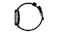 A side view profile of a smartwatch with a leather strap, side button dial, and a buckle A side view profile of a smartwatch with a leather strap, side button dial, and a buckle