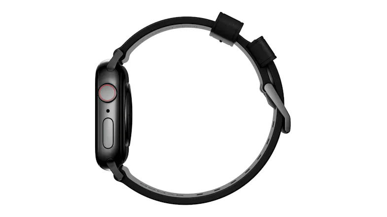 A side view profile of a smartwatch with a leather strap, side button dial, and a buckle A side view profile of a smartwatch with a leather strap, side button dial, and a buckle