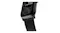 Close-up of a black Apple Watch attached to a sleek matte black leather strap featuring custom black metal lugs Close-up of a black Apple Watch attached to a sleek matte black leather strap featuring custom black metal lugs