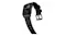Angled view of a black Apple Watch with a matching black leather strap, metal buckle, and topo map watch face Angled view of a black Apple Watch with a matching black leather strap, metal buckle, and topo map watch face