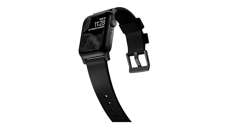 Angled view of a black Apple Watch with a matching black leather strap, metal buckle, and topo map watch face Angled view of a black Apple Watch with a matching black leather strap, metal buckle, and topo map watch face