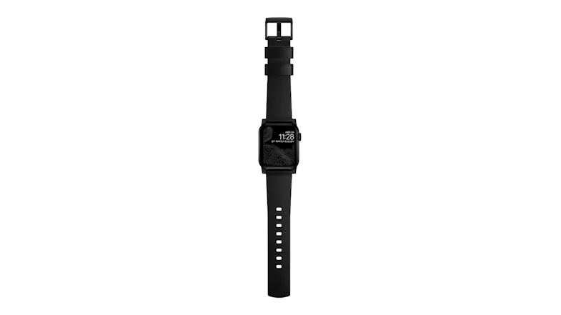 A top-down overhead view of a black Apple Watch with a long black leather strap laid flat A top-down overhead view of a black Apple Watch with a long black leather strap laid flat