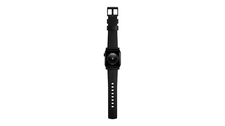 A bottom-up view of a black Apple Watch showing the sensor array and the black leather strap with a buckle A bottom-up view of a black Apple Watch showing the sensor array and the black leather strap with a buckle