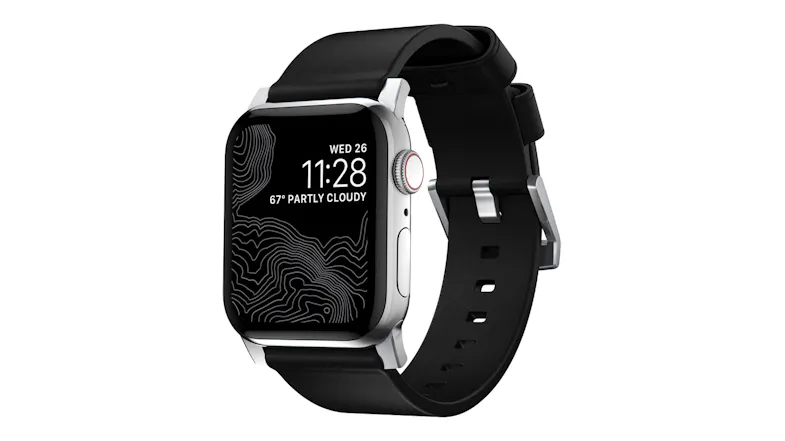 A left angled view of the Nomad Modern Band for Apple Watches in black finish A left angled view of the Nomad Modern Band for Apple Watches in black finish